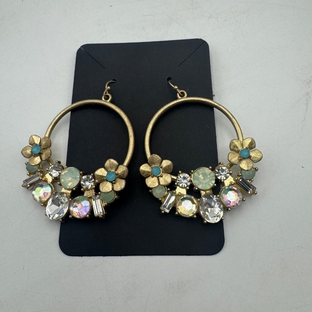 Floral Crystal Hoop Earrings Gold Tone Colorful Accents Lightweight Dangle Hook